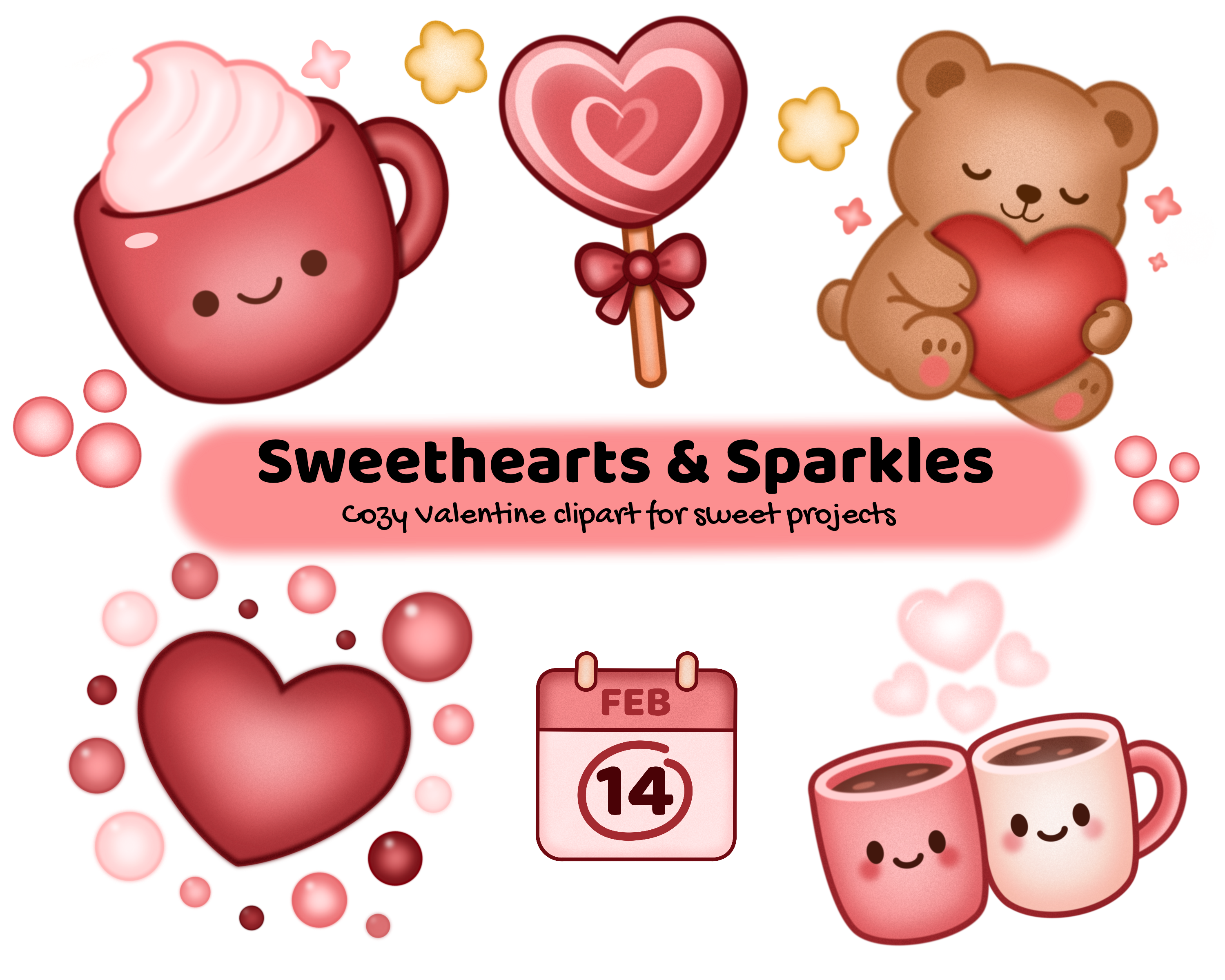 Banner for Sweethearts & Sparkles collection with cute pastel kawaii Valentine illustrations including hearts, teddy bear, lollipop, mugs, and calendar.