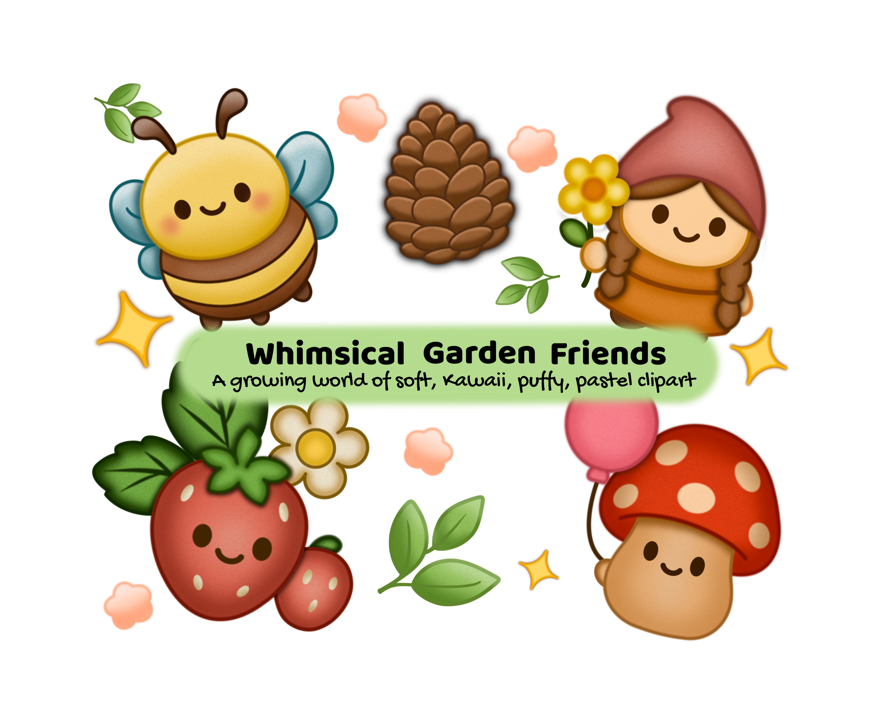 Pastel kawaii garden banner with bee, strawberry, mushroom, gnome, and leaves.
