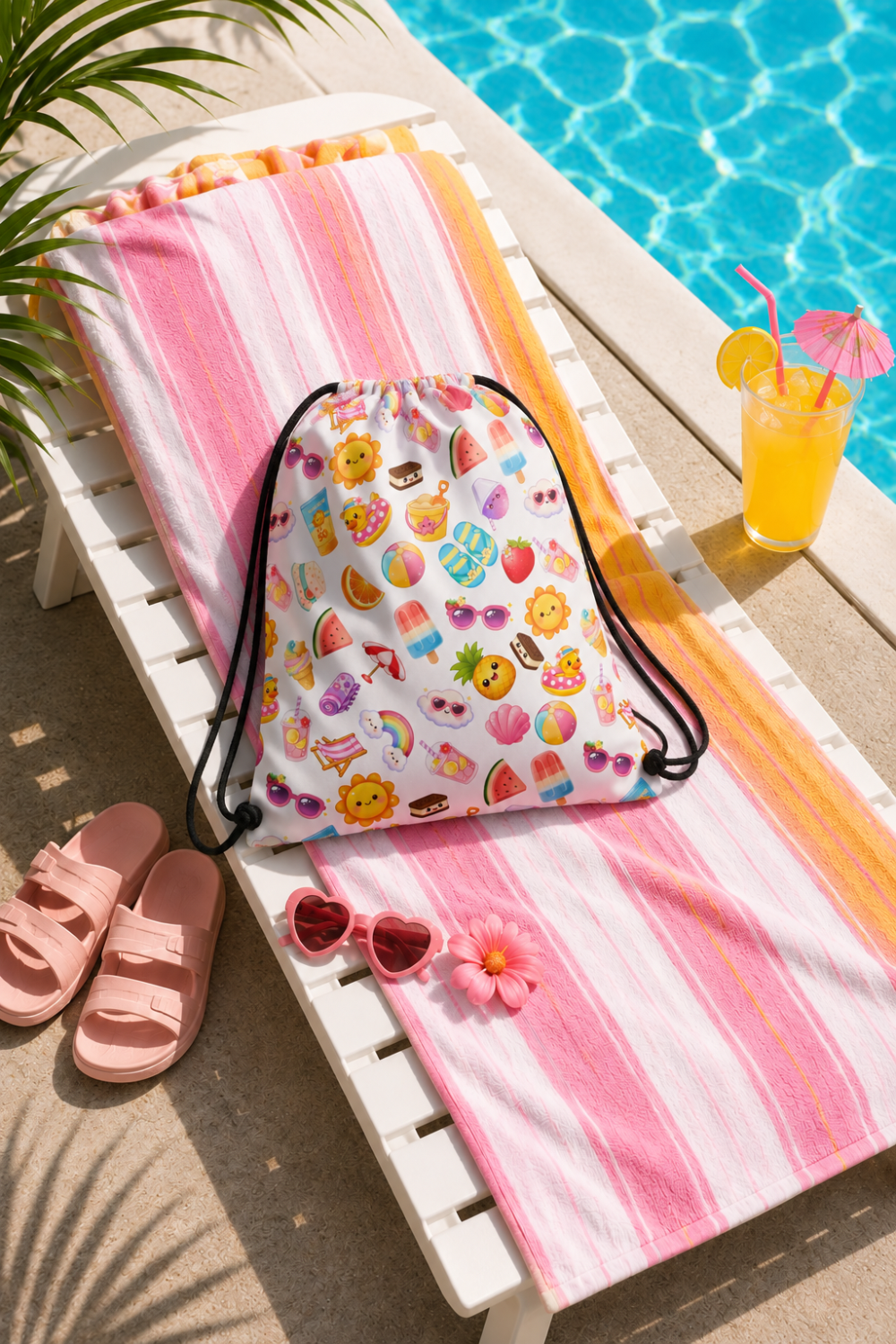 Kawaii Drawstring Backpack | Cute Pool Bag | Retro Summer Cinch Sack | Pastel Beach Bag