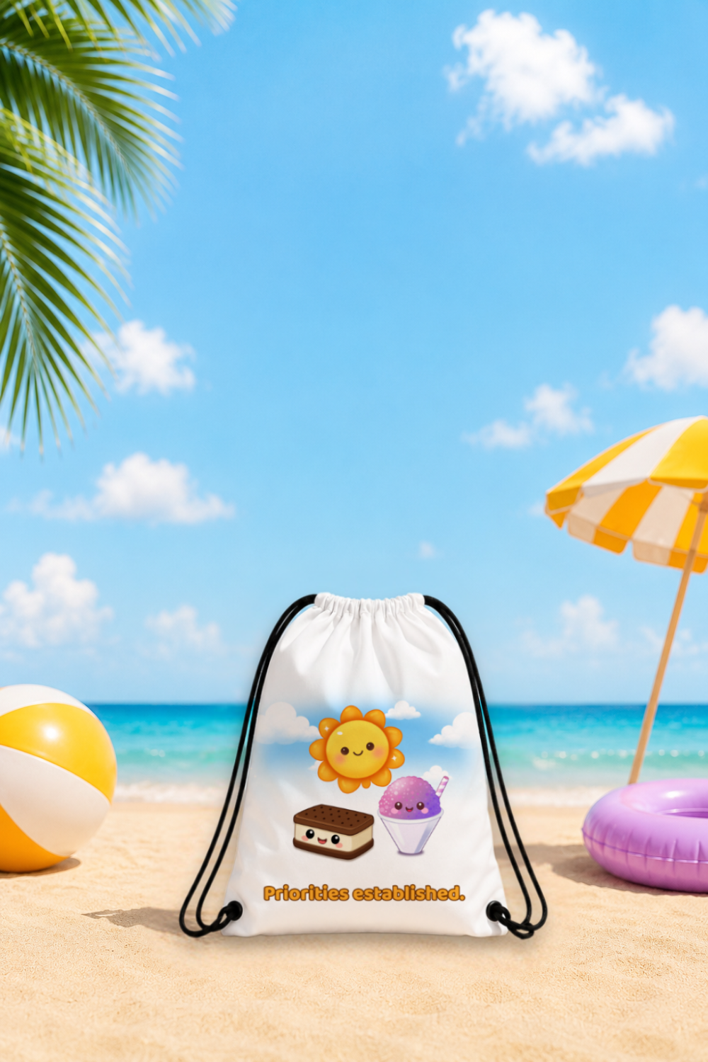 Summer Priorities Kawaii Drawstring Backpack – Cute Ice Cream Beach Bag for Kids, Teens & Summer Adventures