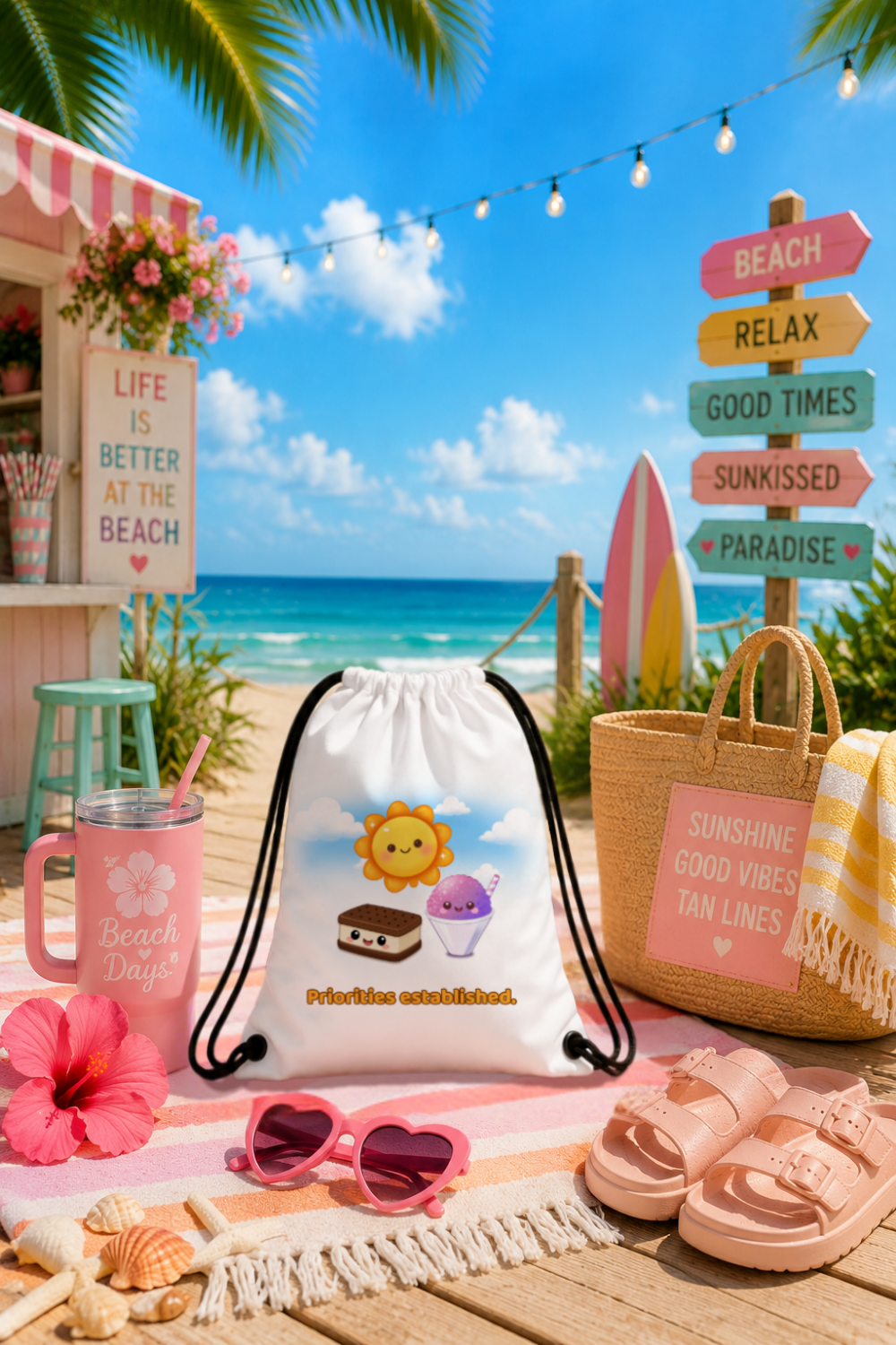 Summer Priorities Kawaii Drawstring Backpack – Cute Ice Cream Beach Bag for Kids, Teens & Summer Adventures