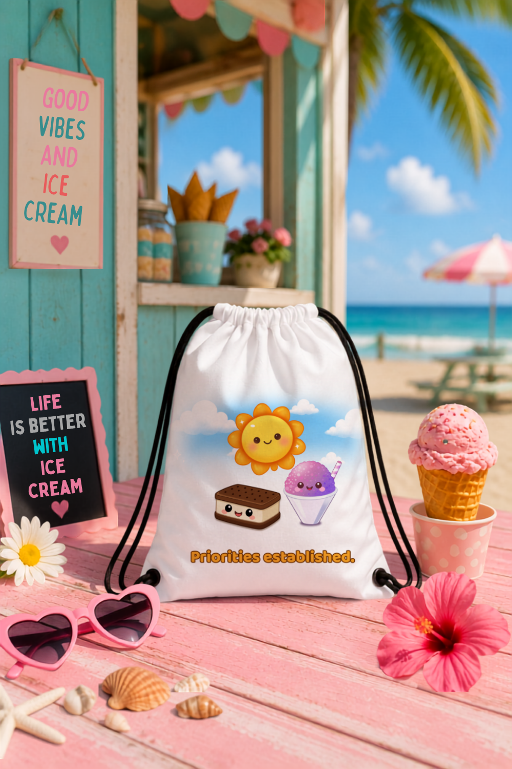 Summer Priorities Kawaii Drawstring Backpack – Cute Ice Cream Beach Bag for Kids, Teens & Summer Adventures