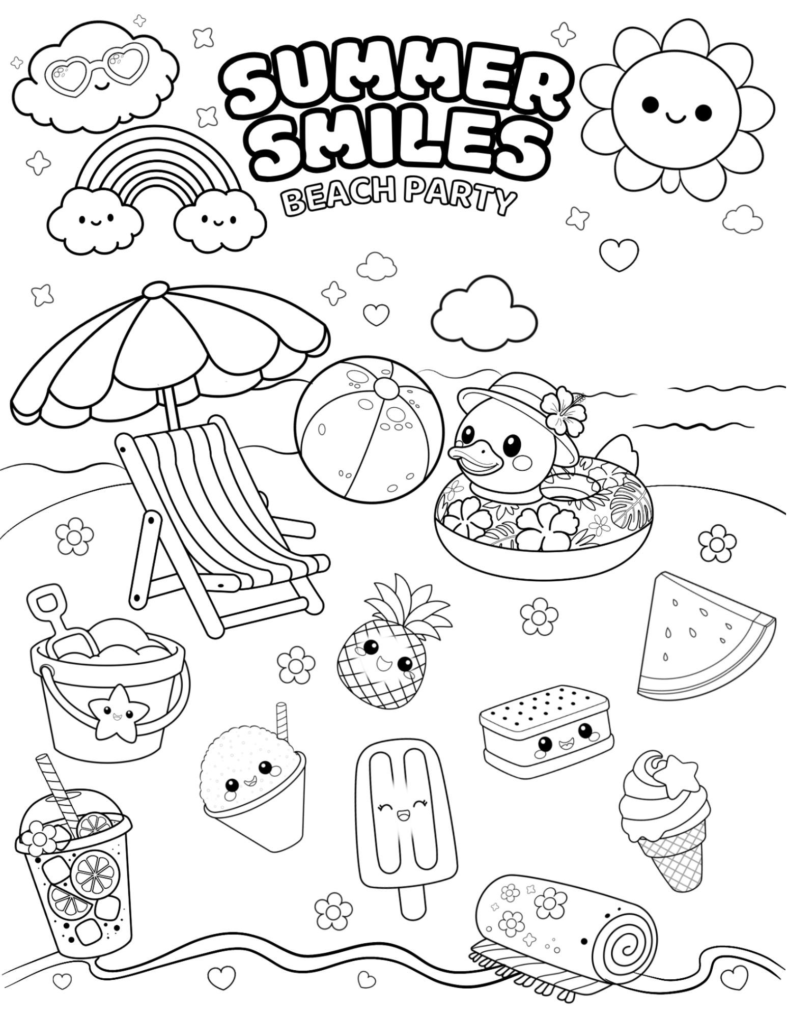 Summer Smiles Beach Party Coloring Page | Free Printable Summer Coloring Sheet