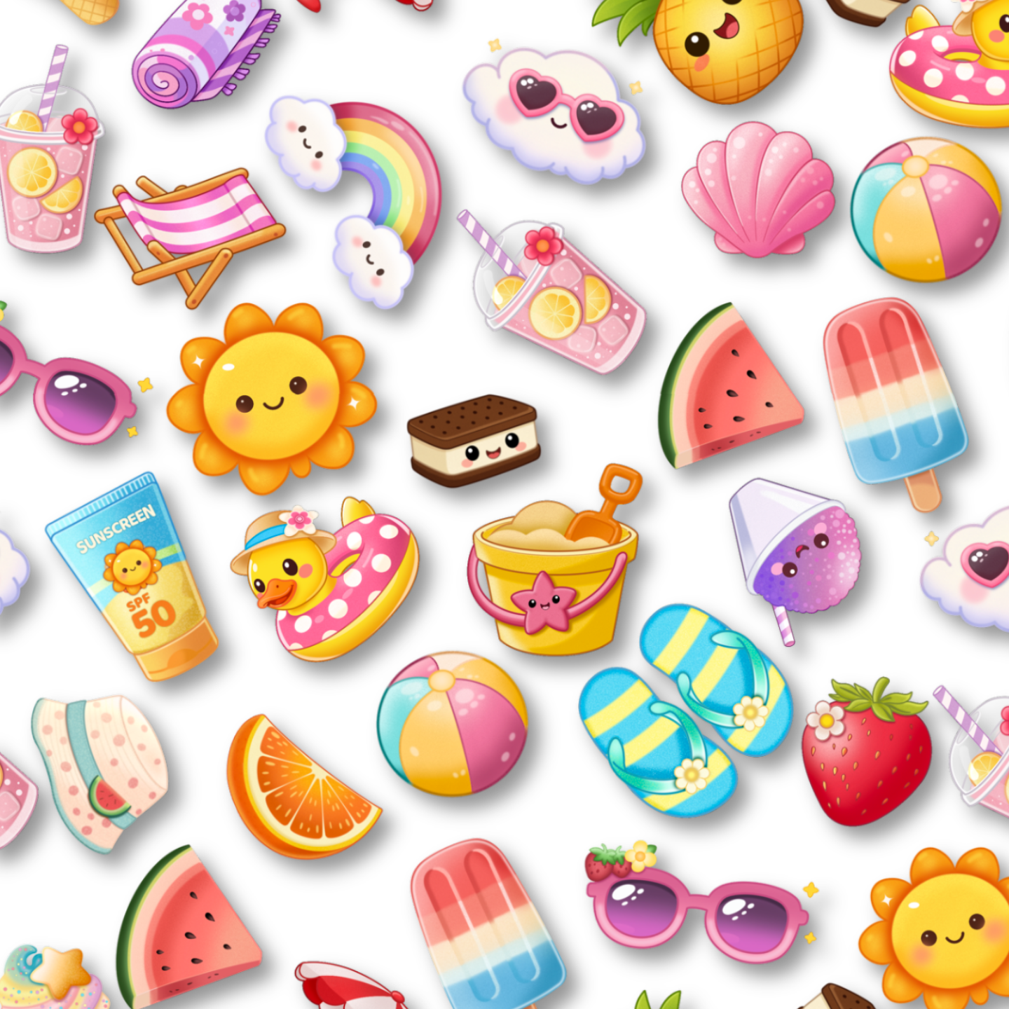 Summer illustrations on white background including smiling sun, watermelon slice, beach ball, duck floatie